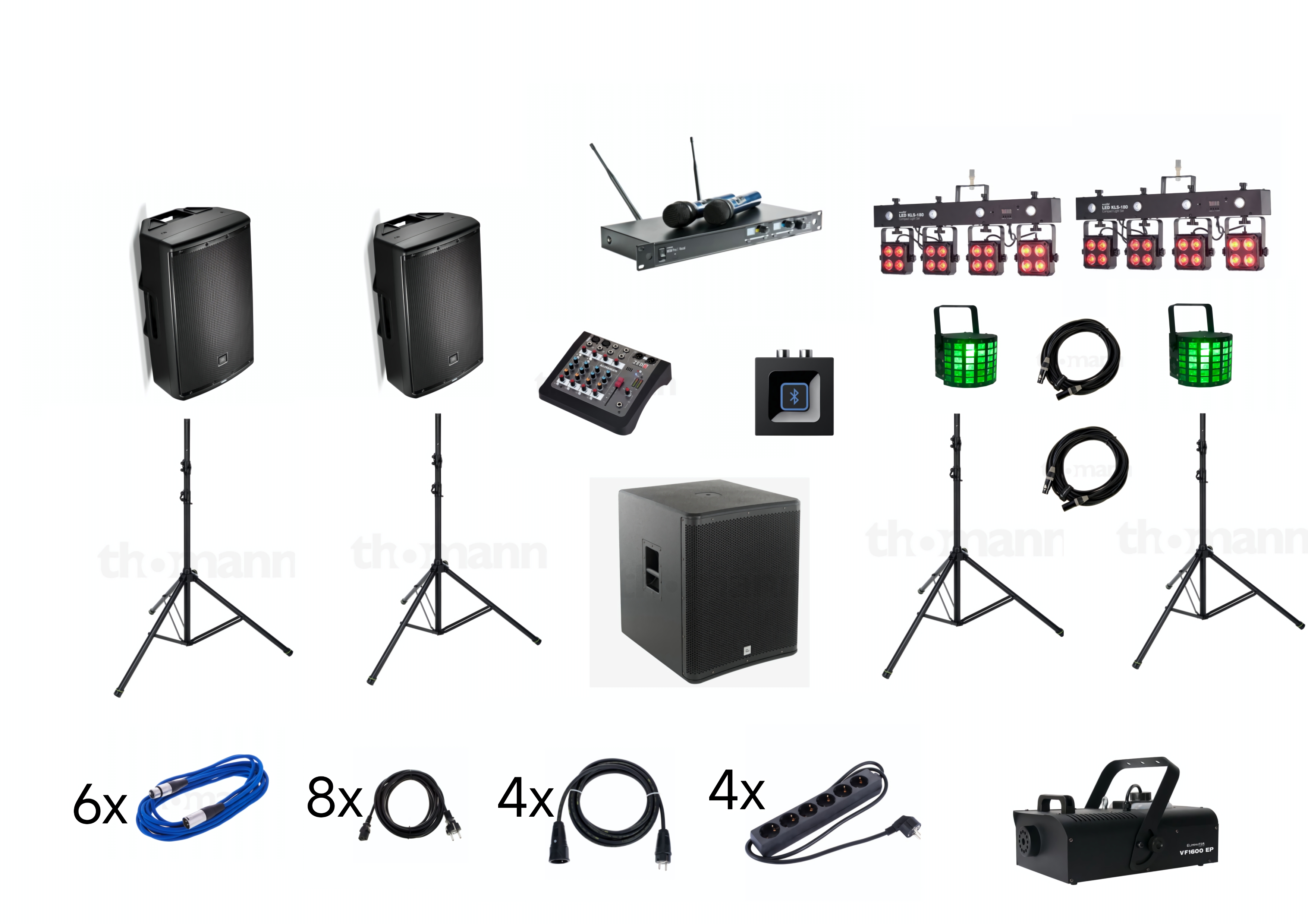 2x JBL EON 615 1x Sub. 1x Mischpult 1x Bluetooth Empfänger 2 Funkmikrofone 2x Lichtbars 2x Strahleneffekte 1x Nebelmaschine