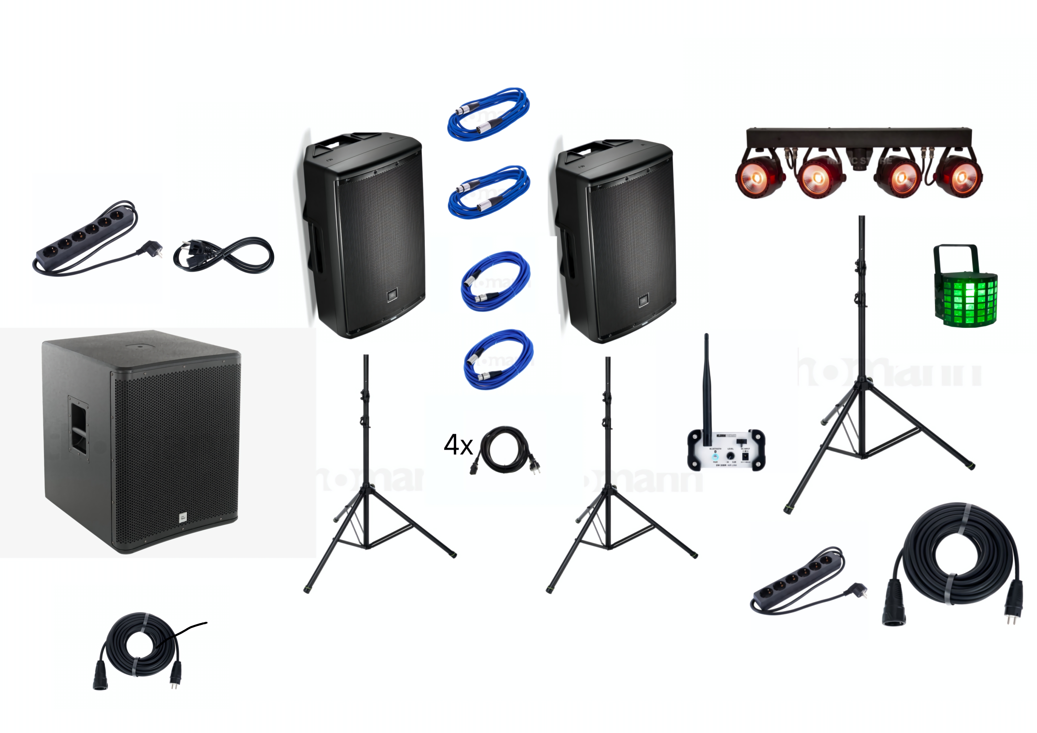 2x JBL EON 615 1x Sub 1x Bluetooth Adapter 1x Lichtbar 1x Strahleneffekt